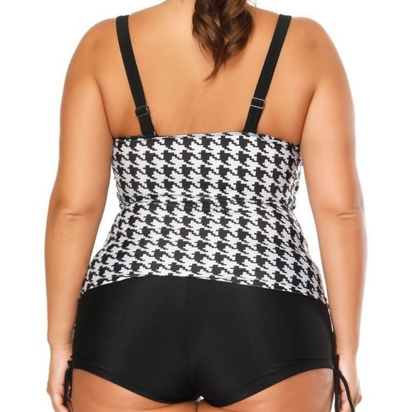 Womens Swimsuit Black White Houndstooth Plaid Tankini Swimwear Bathing Suit Sz L - Picture 2 of 6